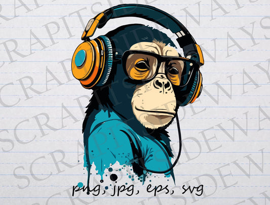 Monkey in headphones clipart vector graphic svg png jpg eps chimpanzee with headset music monkey