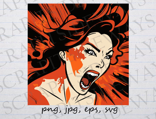 Comic book angry woman clipart vector graphic svg png jpg eps screaming woman comic book style