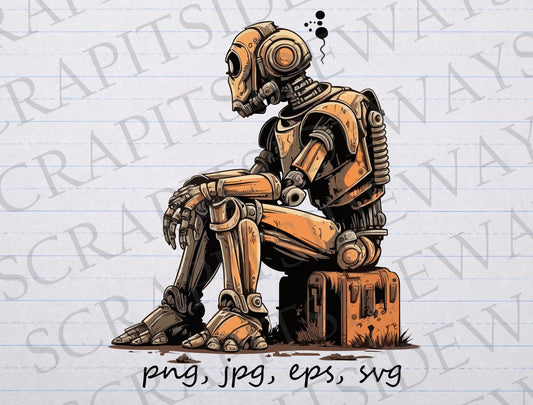 Robot thinker 2 clipart vector graphic svg png jpg eps sticker design t-shirt design deep thought sad robot