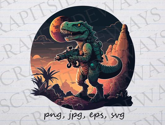 Retro dinosaur explorer clipart vector graphic svg png jpg eps sci-fi space dino with a gun