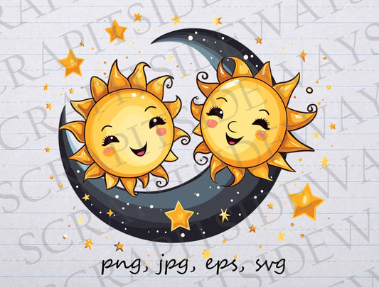 Smiling Sun moon and stars clip art clipart vector graphic svg png jpg eps, happy sky, happy sun, cute celestial stars, happy night sky