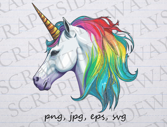 Rainbow unicorn head clipart vector graphic svg png jpg eps sticker design t-shirt design beautiful unicorn