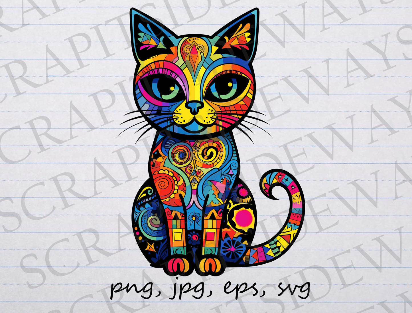 Colorful doodle art cat clipart vector graphic svg png jpg eps kitty kitten abstract cat rainbow cat