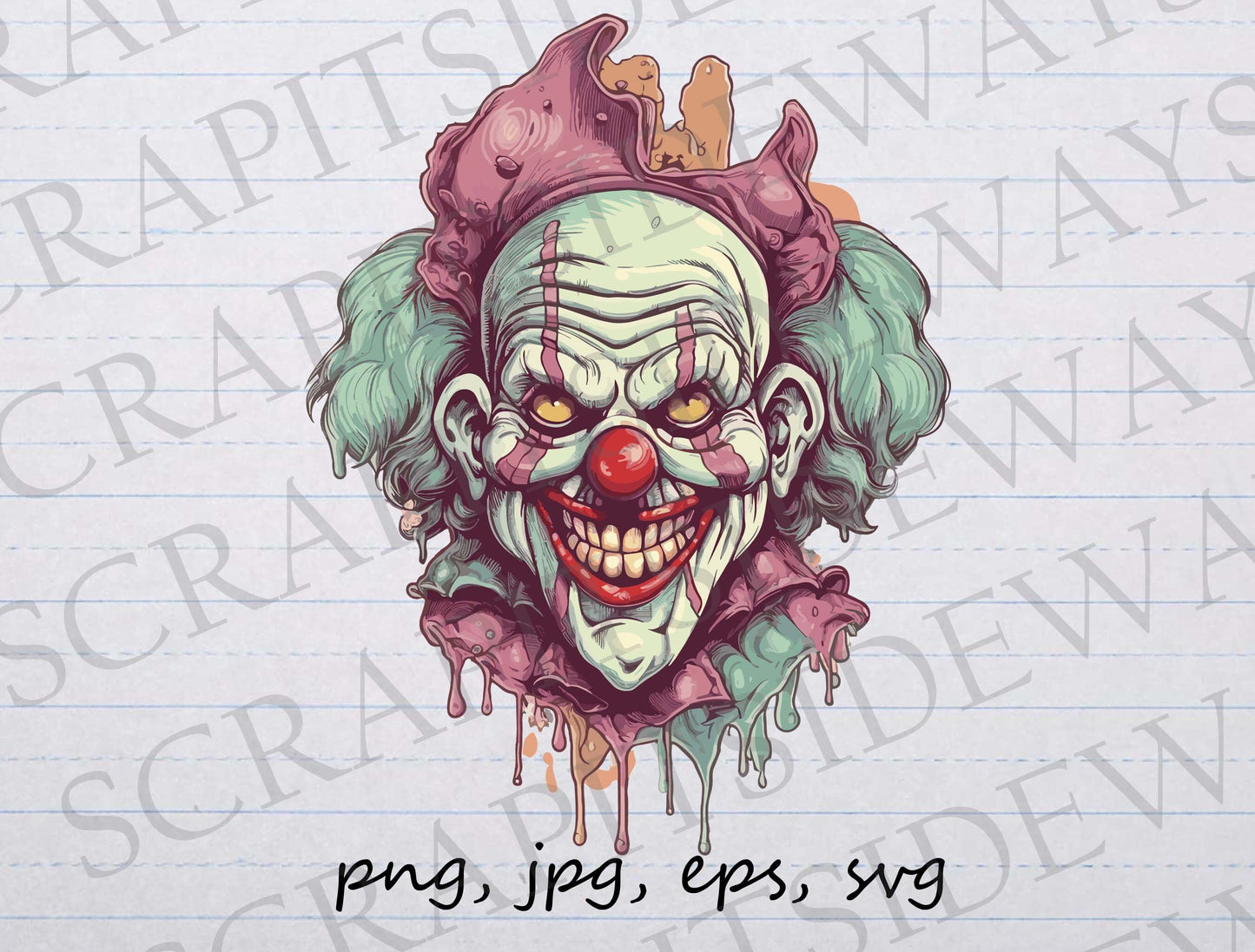 Pastel Scary Clown clip art clipart vector graphic svg png jpg eps Halloween, creepy clown, spooky clown, freaky clown, pastel goth