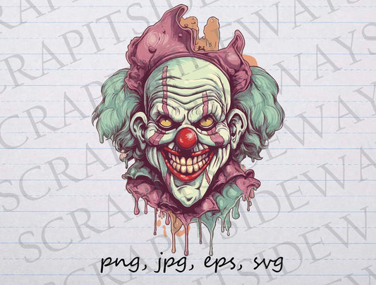 Pastel Scary Clown clip art clipart vector graphic svg png jpg eps Halloween, creepy clown, spooky clown, freaky clown, pastel goth