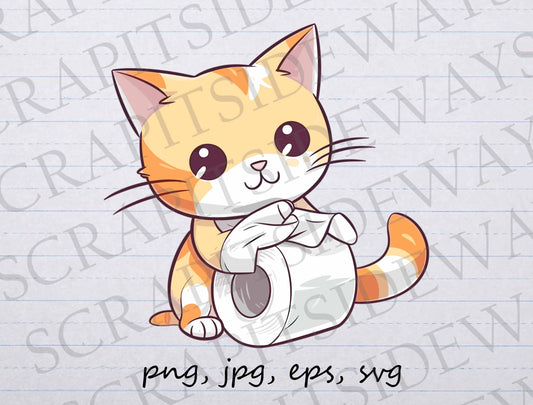 Cat with toilet paper clip art clipart vector graphic svg png jpg eps sticker design t-shirt design toilet paper destroyer cat mom cat dad