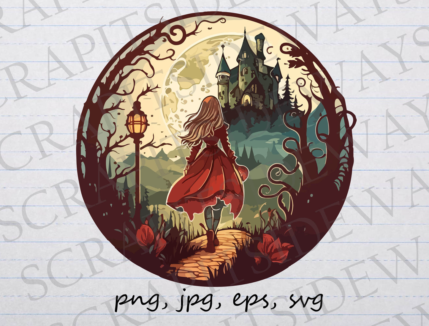 Magical fairytale scene clipart vector graphic svg png jpg eps castle girl