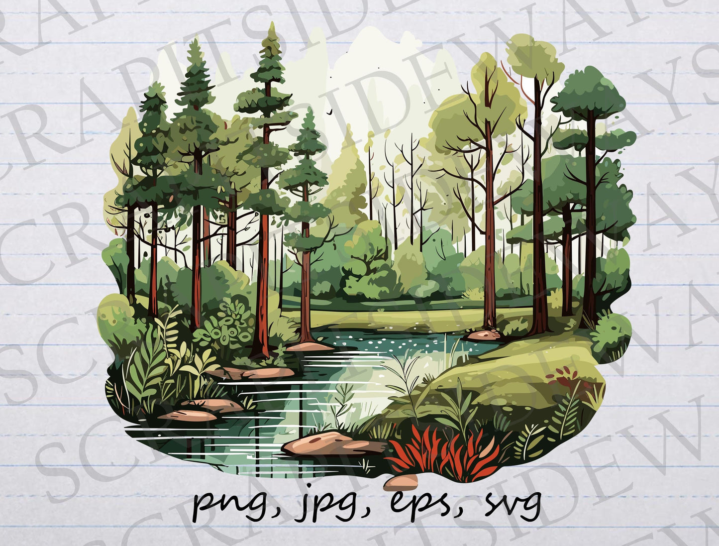 forest with river clip art clipart vector graphic svg png jpg eps t-shirt design forest scene, trees, river, outdoors, wilderness, serenity