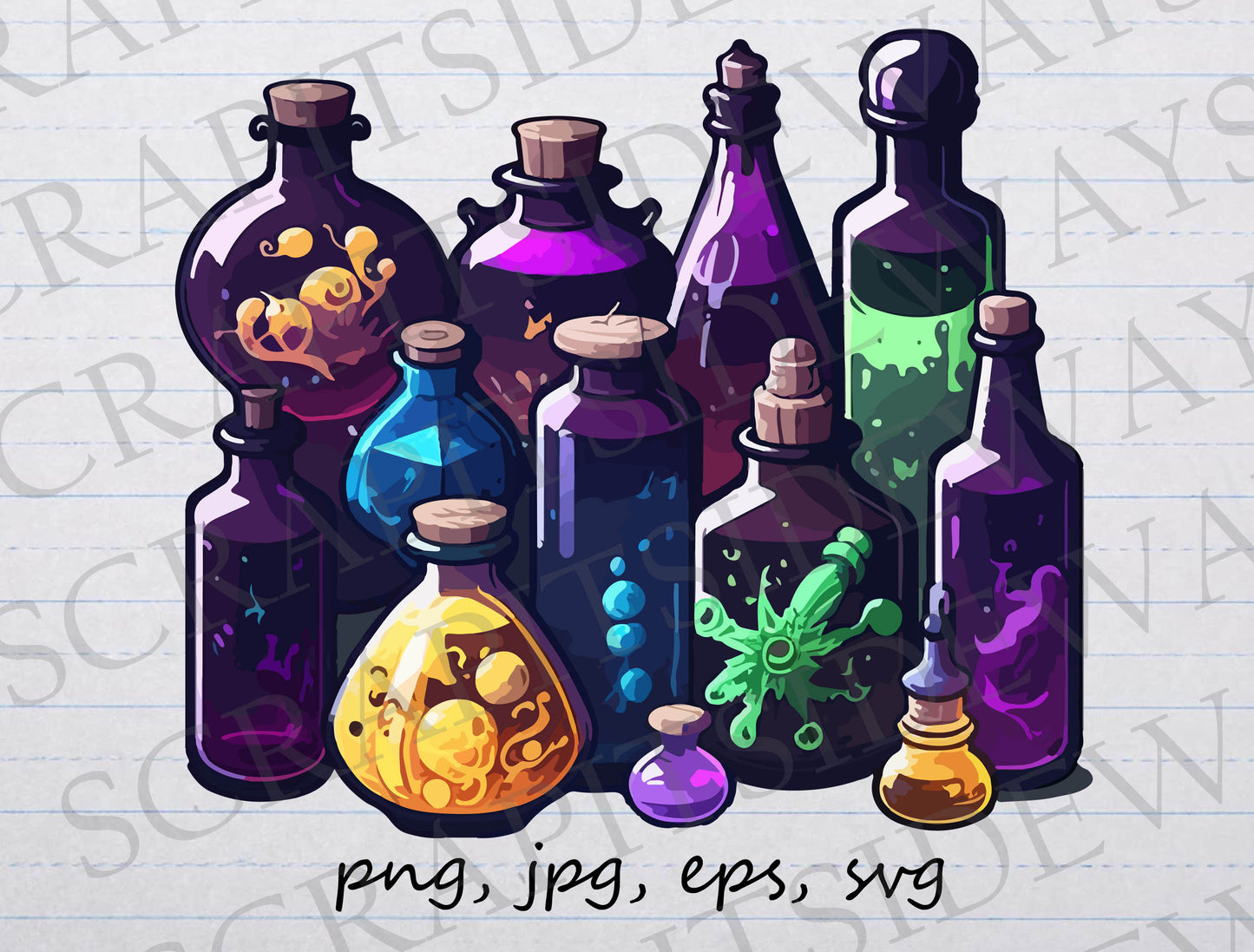 Colorful potion bottles clipart vector graphic svg png jpg eps magic spell