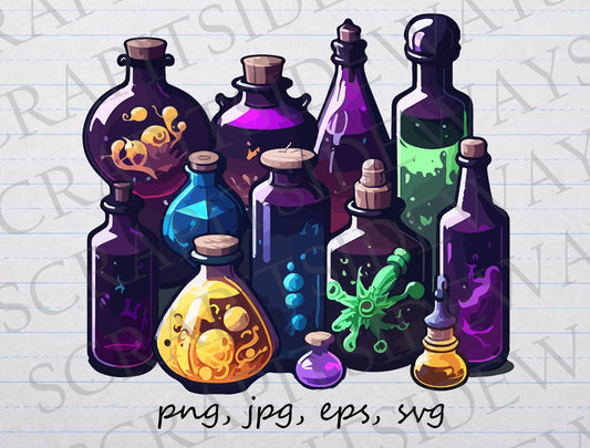 Colorful potion bottles clipart vector graphic svg png jpg eps magic spell