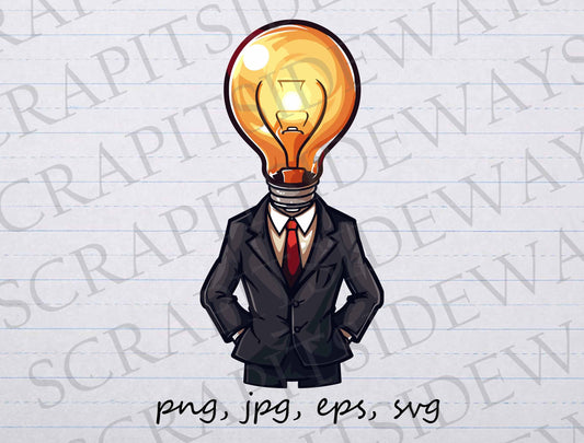 Lightbulb business man clip art clipart vector graphic svg png jpg eps, lightbulb head, man with ideas, idea man