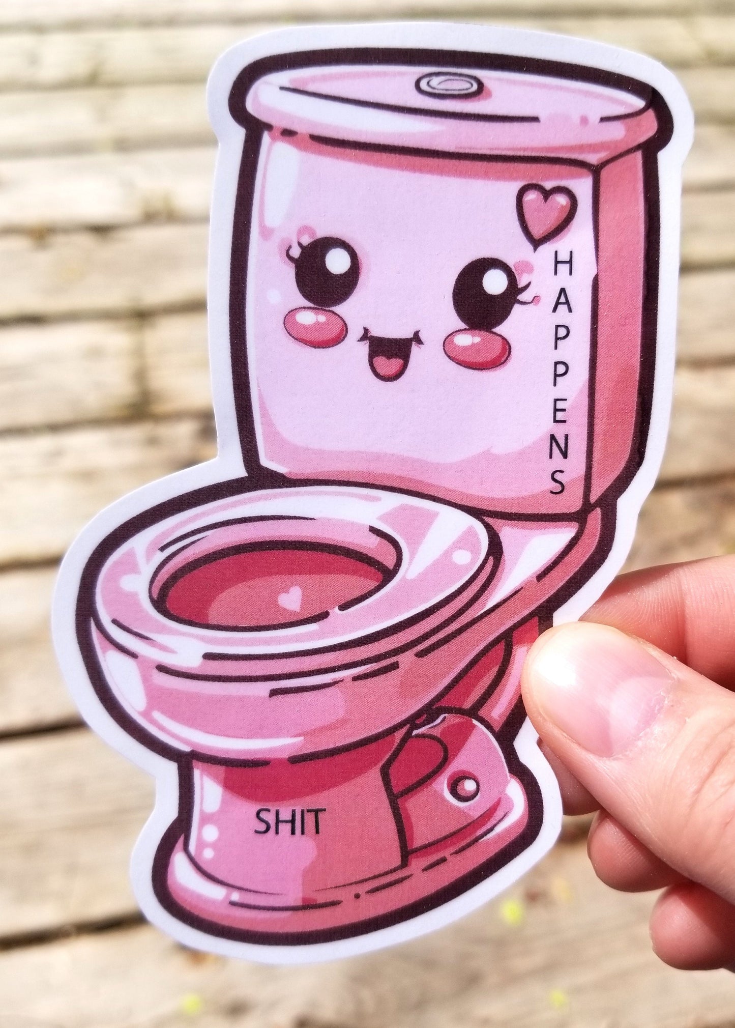 kawaii toilet shit happens print vinyl sticker 4 inches, water resistant decal, cute toilet, funny toilet, bathroom humor