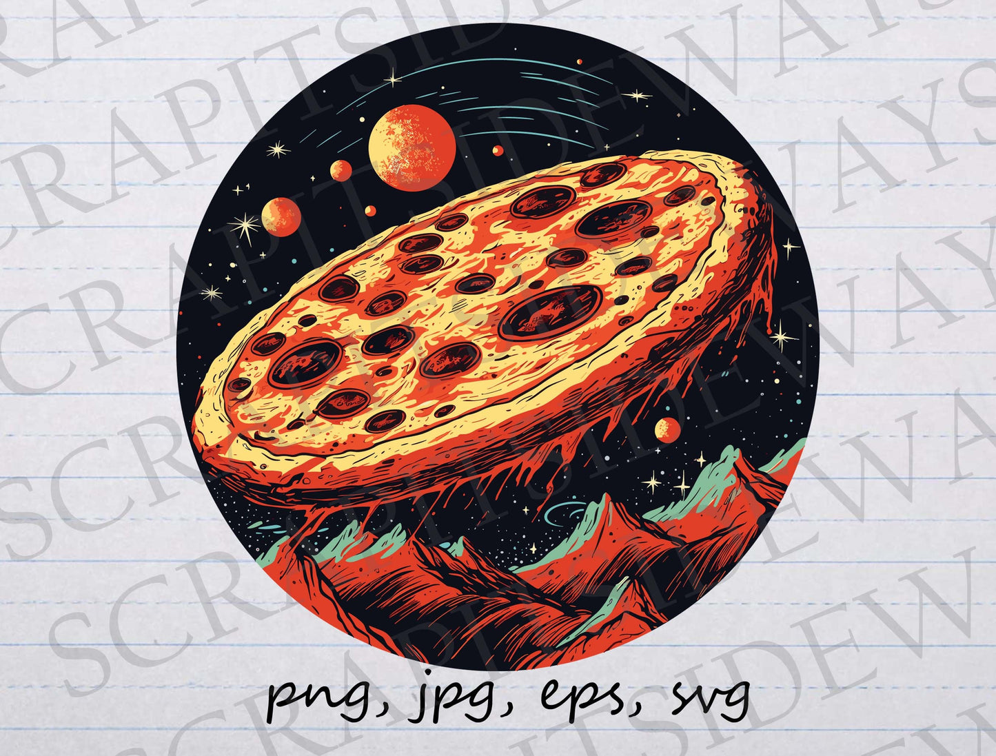 Pizza in space clip art clipart vector graphic svg png jpg eps, outer space, flying pizza, outer space pizza