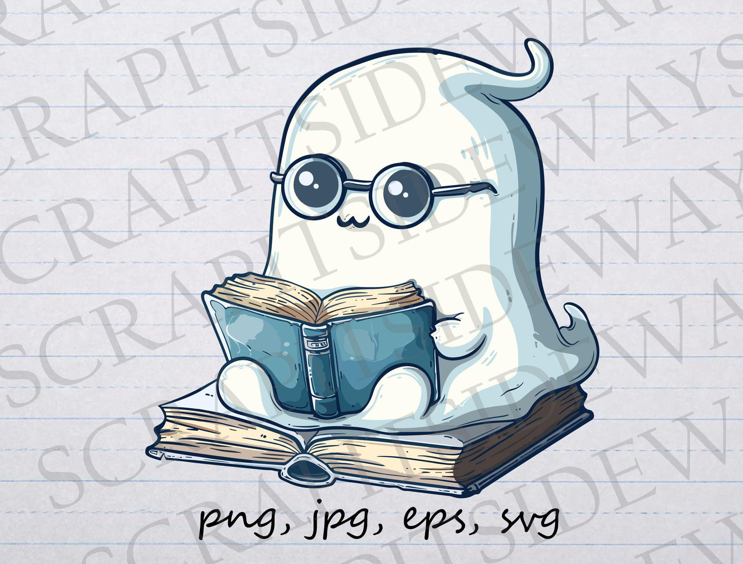 Ghost reading a book clip art clipart vector graphic svg png jpg eps, Halloween, cute ghost, book lover, spooky book, ghost reader