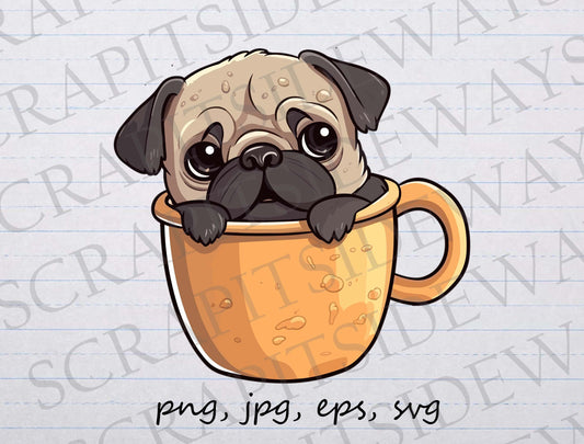 Pug in a mug clipart vector graphic svg png jpg eps sticker design t-shirt design, dog lover, pug mom, pug dad, pug in a cup