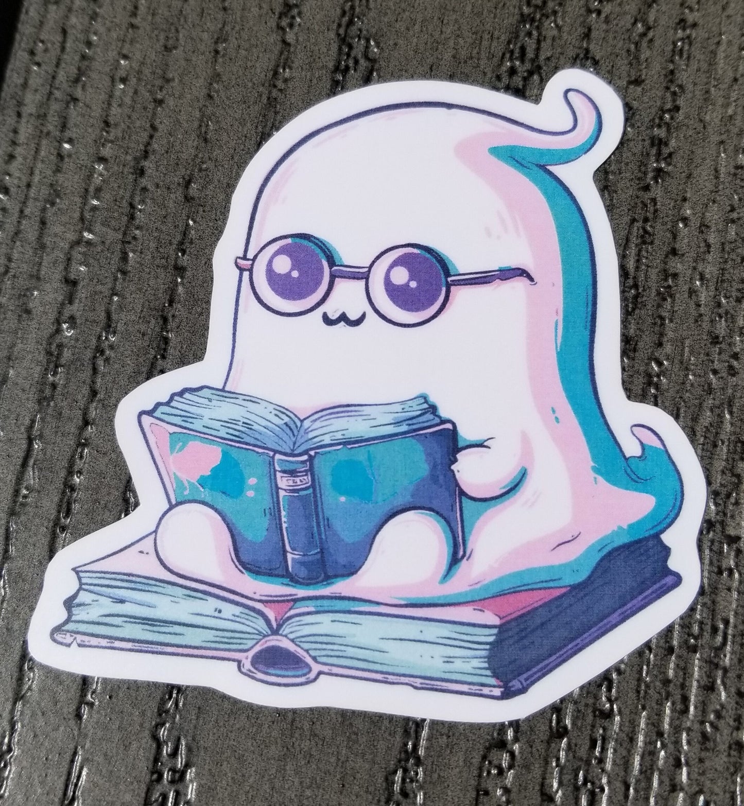 Pastel ghost reading a book vinyl sticker 3 inches, water resistant decal, cute ghost, i love to read, book lover, book fan, reading ghost