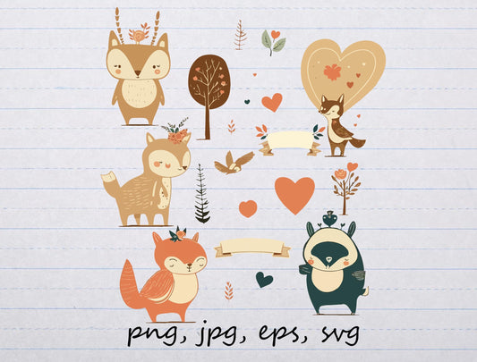 21 piece Cute forest animals and elements svg Vector clipart png fox woodland creatures baby