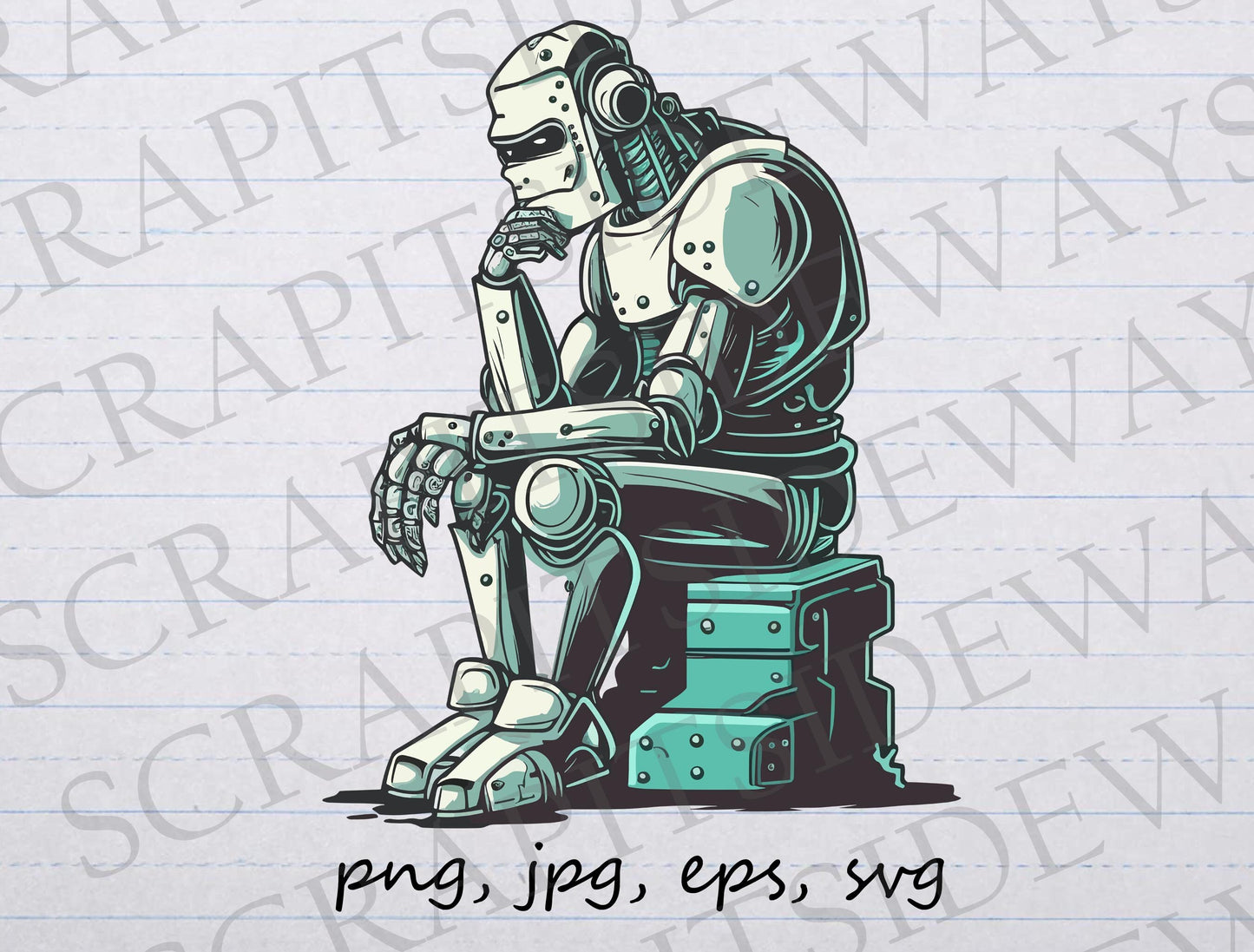 Robot thinker clipart vector graphic svg png jpg eps sticker design t-shirt design deep thought sad robot