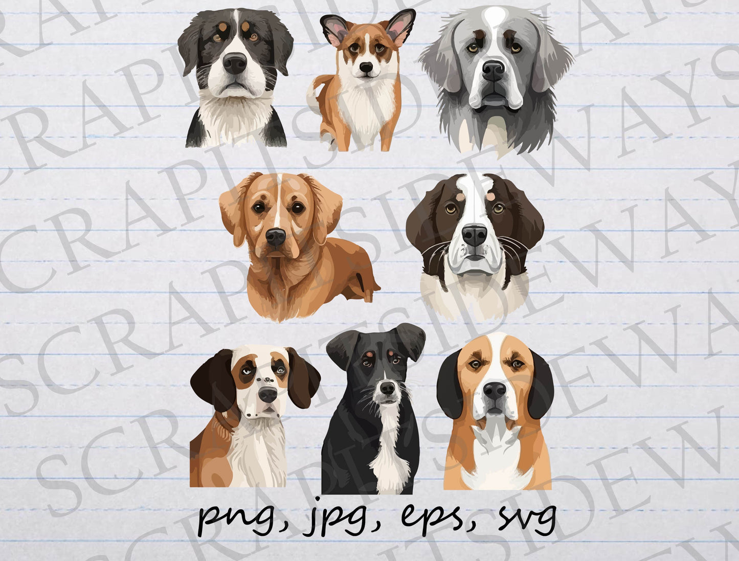 8 piece Dog breed clipart set svg Vector clipart png puppy dog head dog face