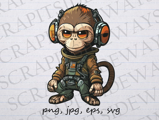 Sci fi monkey pilot clipart vector graphic svg png jpg eps futuristic chimp t-shirt design sticker design