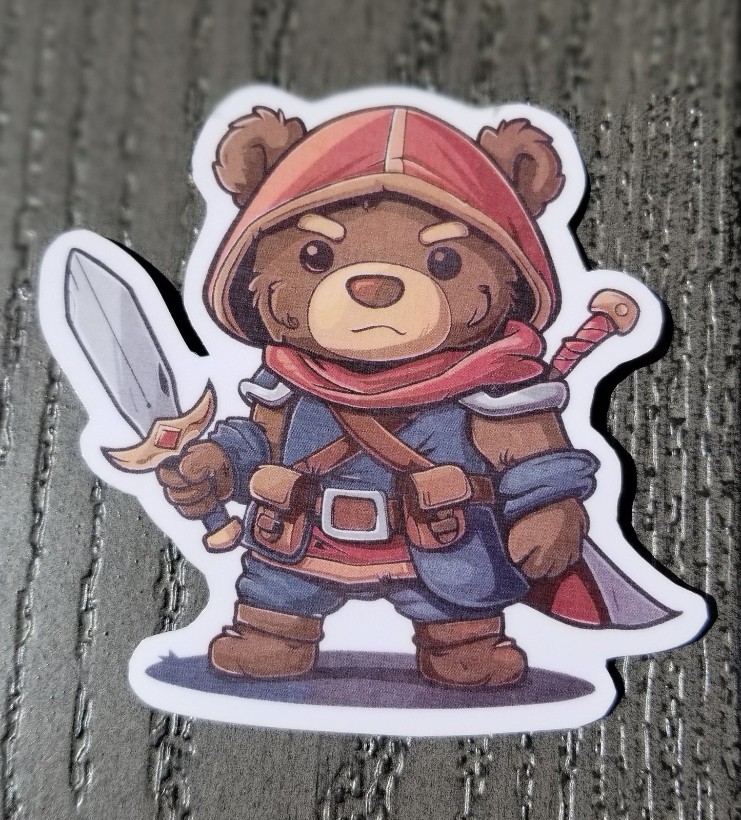 Adventure bear vinyl sticker 3 inches, water resistant decal, tabletop gaming bear, dungeon crawling bear, D & D bear, rogue bear