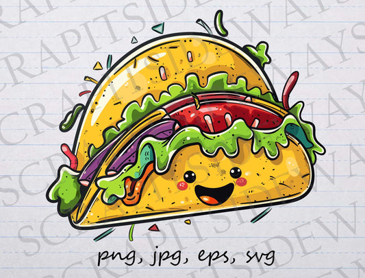 Cute taco clip art clipart vector graphic svg png jpg eps food, kawaii taco, happy taco, Mexican taco