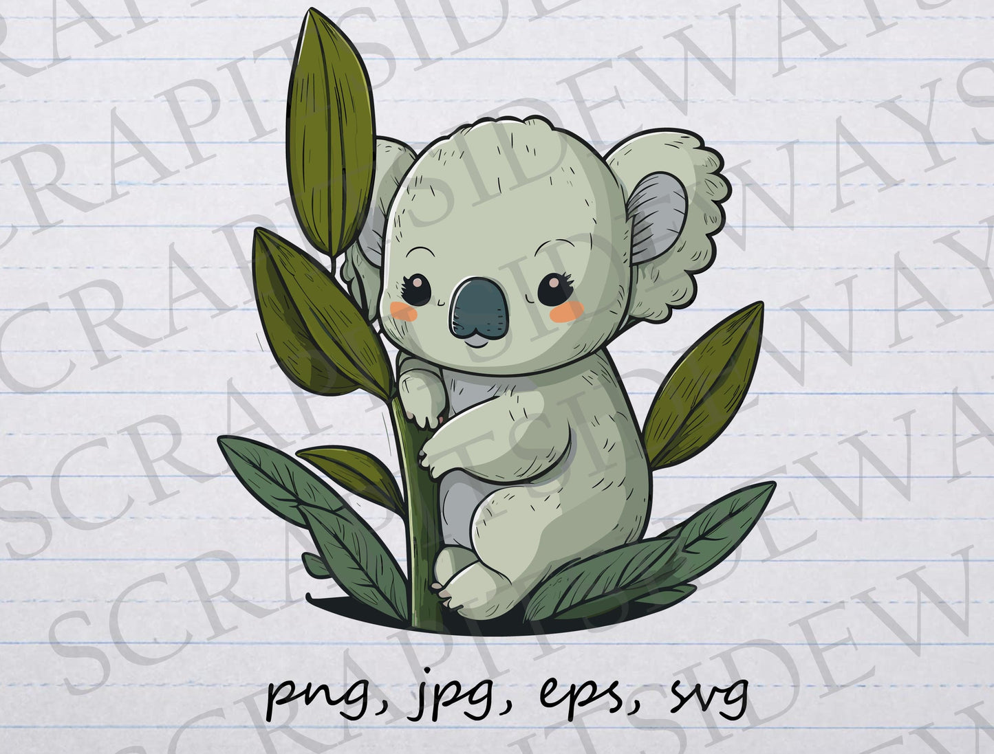 Cute koala with plants clip art clipart vector graphic svg png jpg eps, koala with eucalyptus, happy koala, marsupial, Australian animal