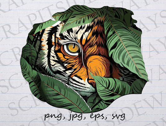 Tiger in the bushes clipart vector graphic svg png jpg eps sticker design wild cat peeking cat