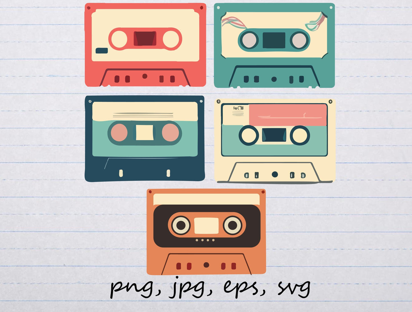 lot of 5 vintage cassette tapes clipart vector graphics and elements svg png jpg eps music retro tape