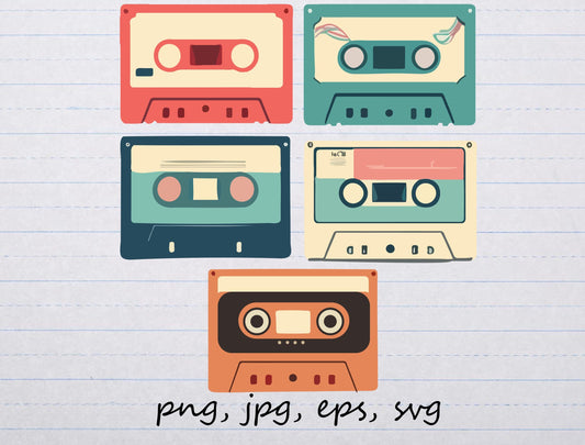 lot of 5 vintage cassette tapes clipart vector graphics and elements svg png jpg eps music retro tape