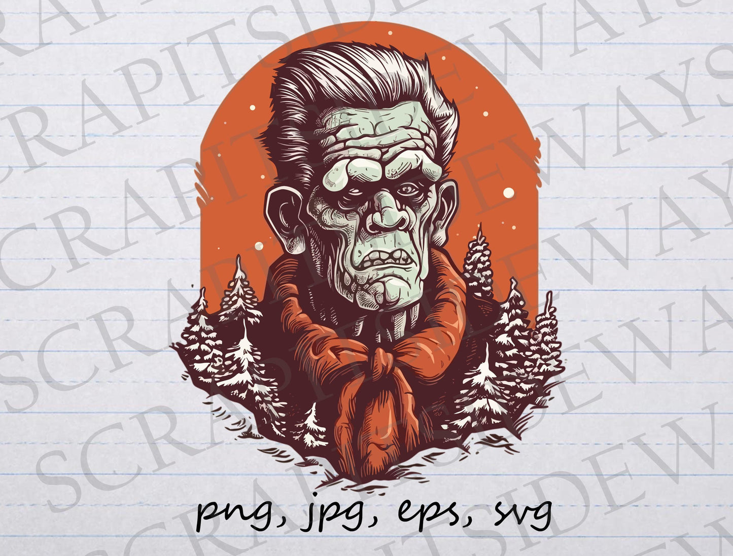 Frankenstein winter scene  clip art clipart vector graphic svg png jpg eps sticker design, spooky xmas, horror Christmas, classic monster