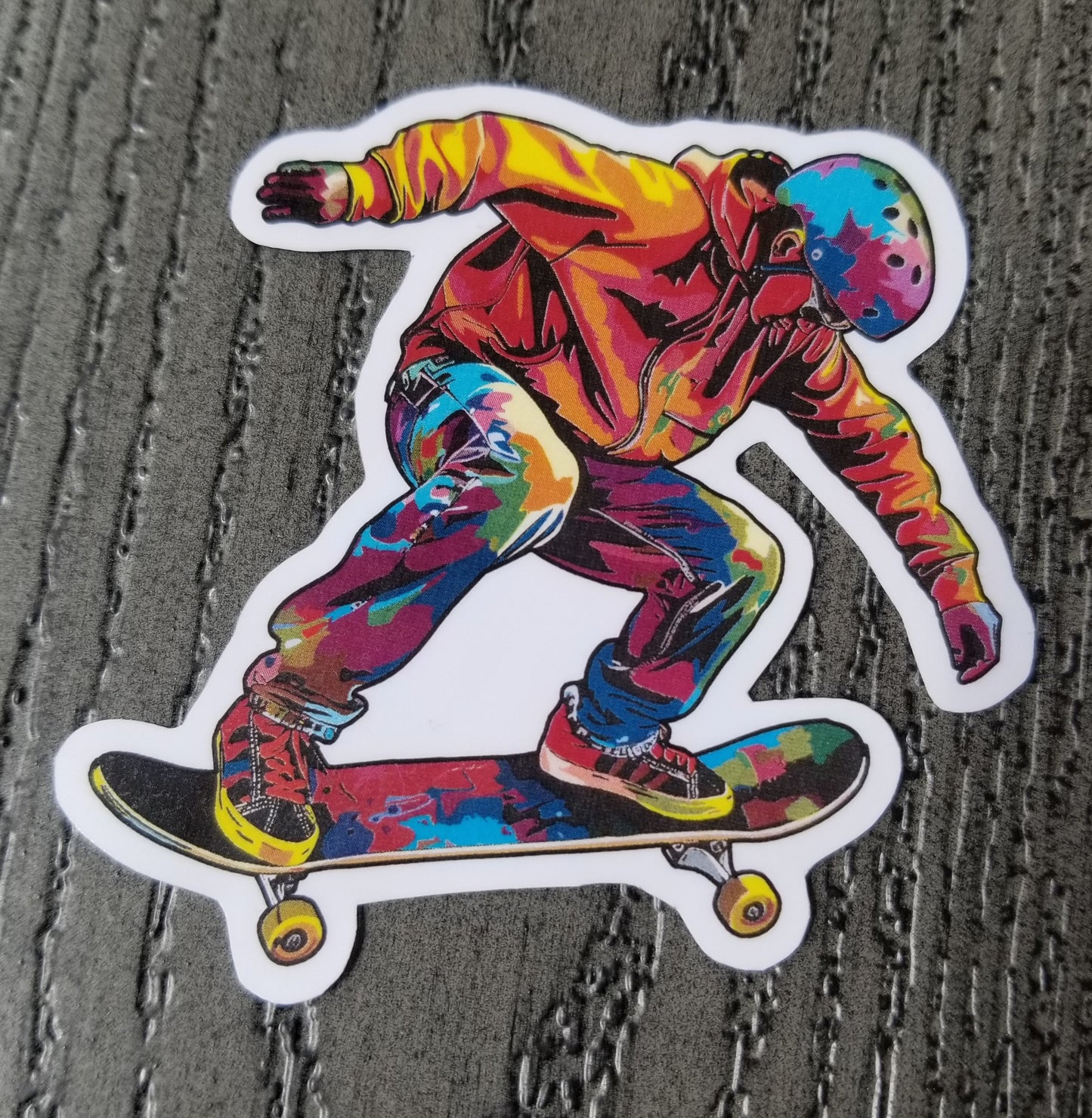 Colorful skateboarder vinyl sticker 3 inches, water resistant decal, skateboarding, paint splatter skate board, rainbow skateboarder