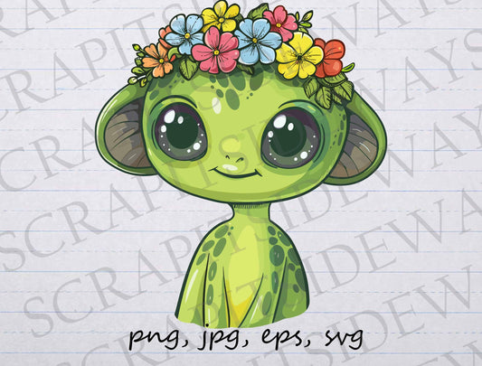 Cute green alien with flowers clip art clipart vector graphic svg png jpg eps, little green men, extraterrestrial, floral alien, cartoon