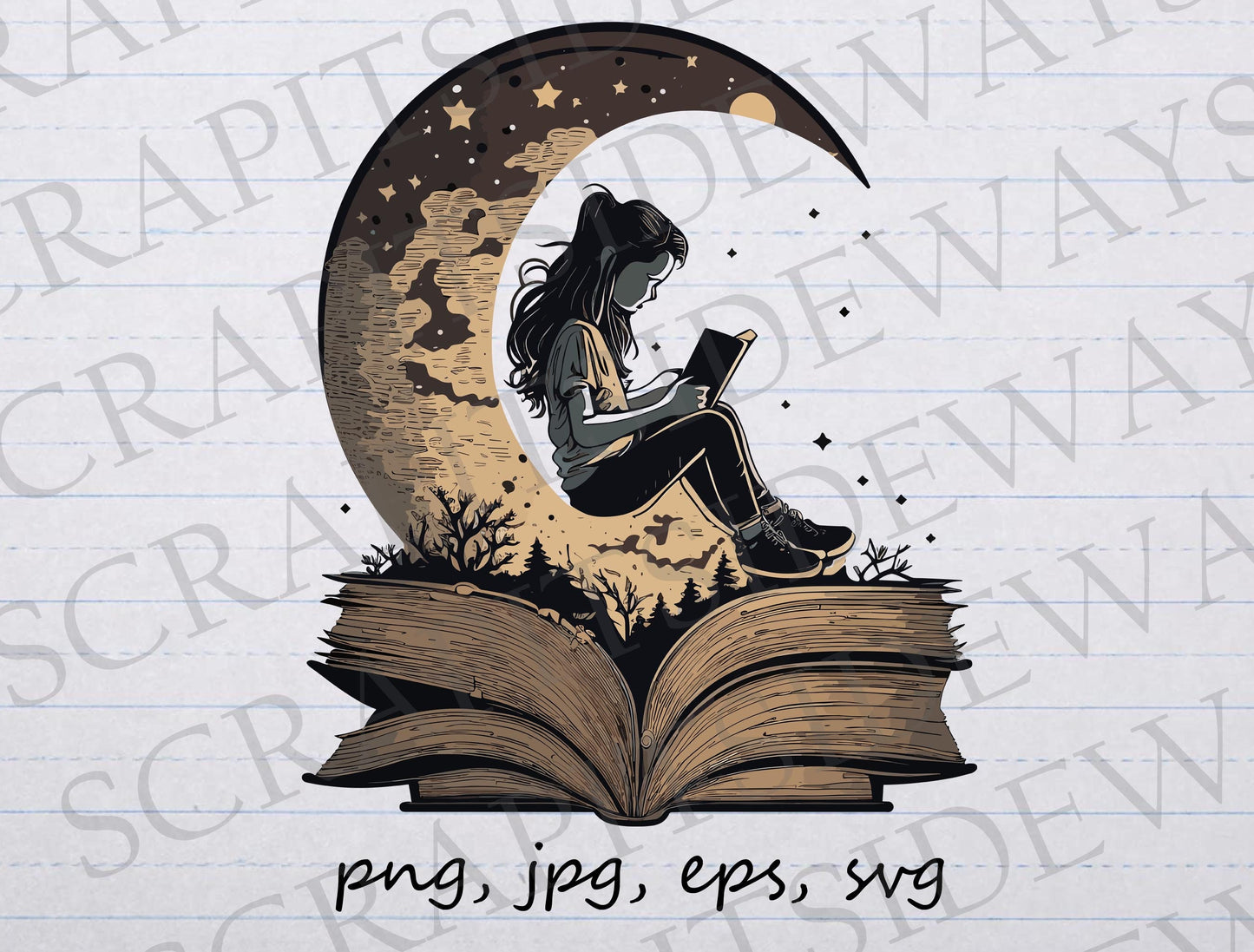 Girl reading with the moon clipart vector graphic svg png jpg eps t-shirt design sticker design celestial book lover