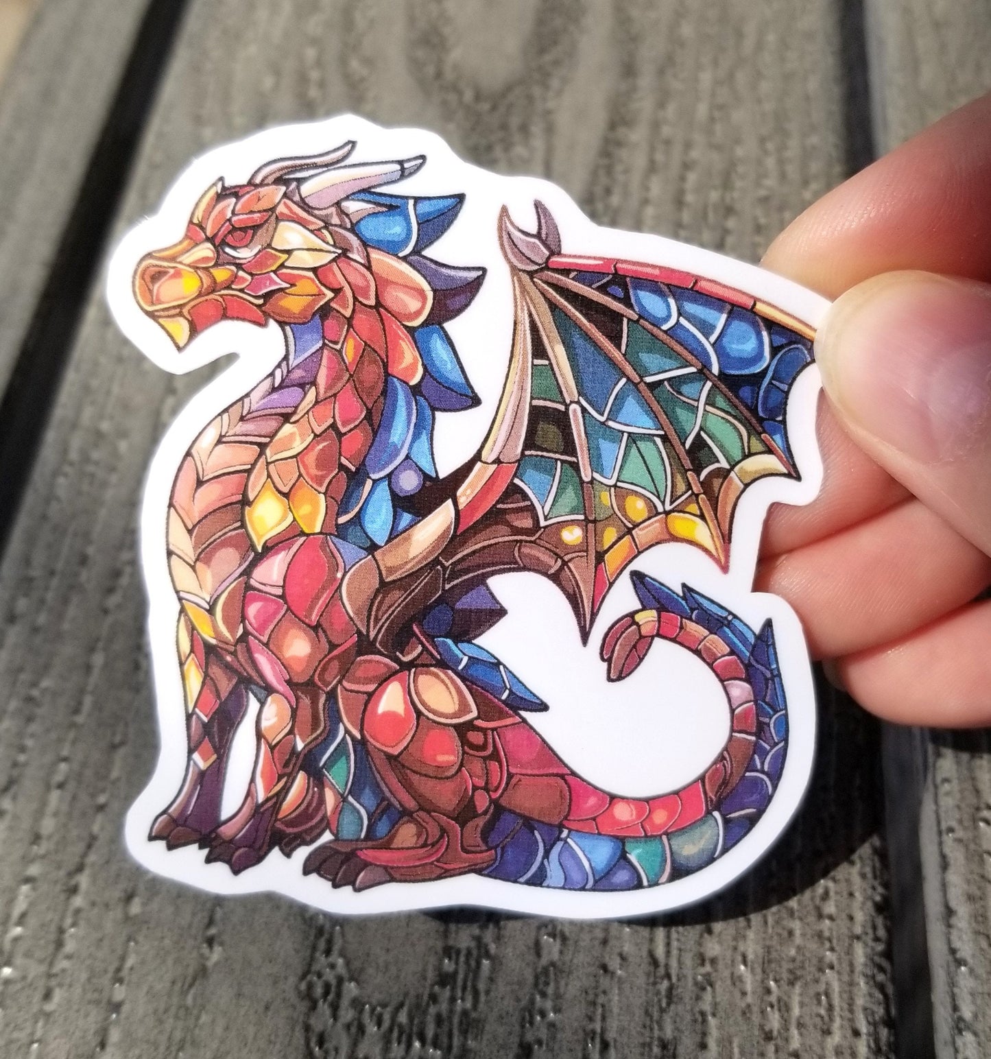 Stained glass dragon vinyl sticker, water resistant decal, mosaic dragon, colorful dragon, fantasy dragon, fairytale dragon