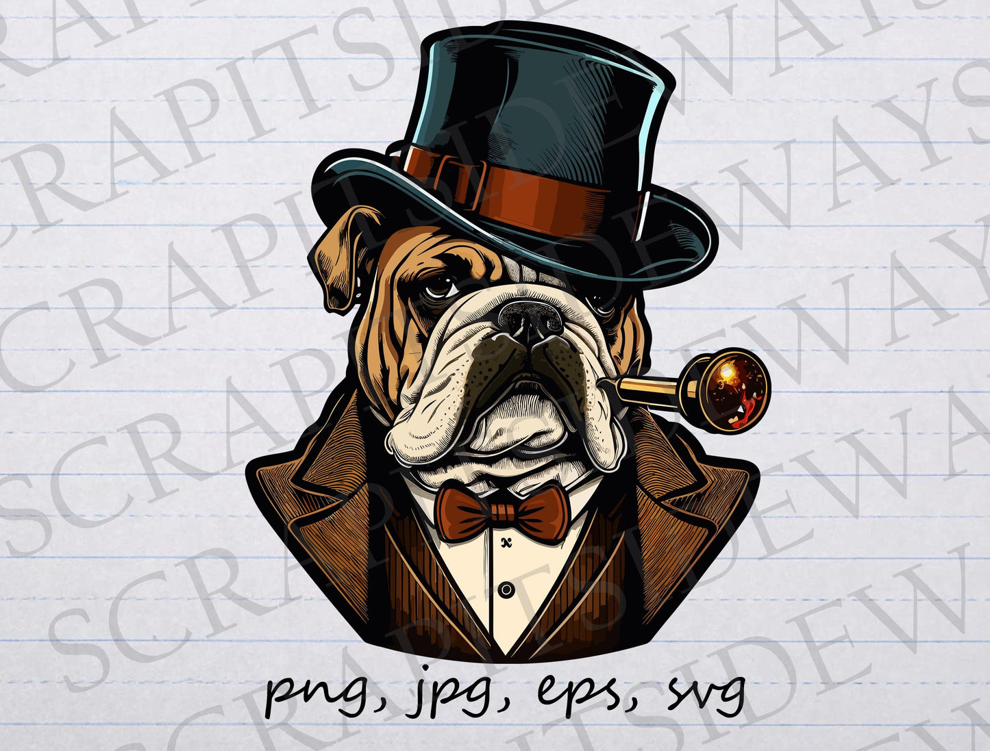 Bulldog in a top hat clipart vector graphic svg png jpg eps sticker design t-shirt design dog smoking pipe smoking dog dapper dog in suit