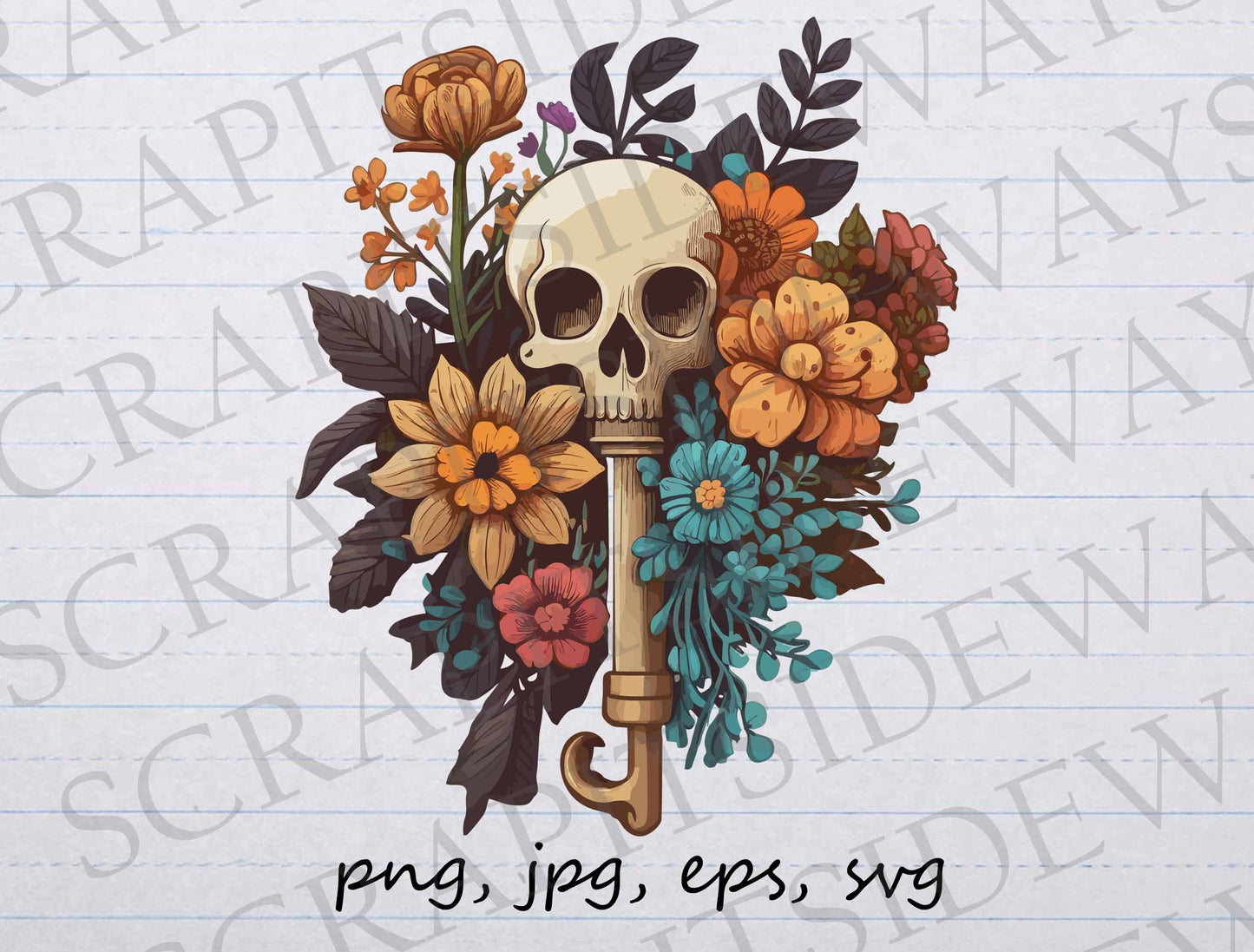 Floral Skeleton key clip art clipart vector graphic svg png jpg eps, skull key, flower skeleton key