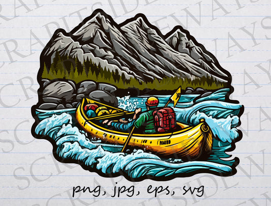 Canoeing clipart vector graphic svg png jpg eps canoe mountains scene