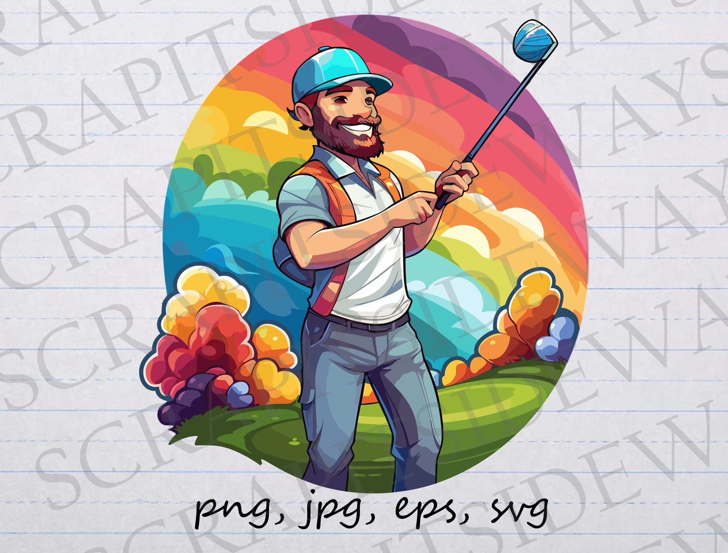 colorful cartoon golfer clipart vector graphic svg png jpg eps sticker design t-shirt design golf rainbow golf cute golfer colorful golfing