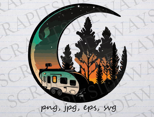 Camper with moon clipart vector graphic svg png jpg eps trailer camping night