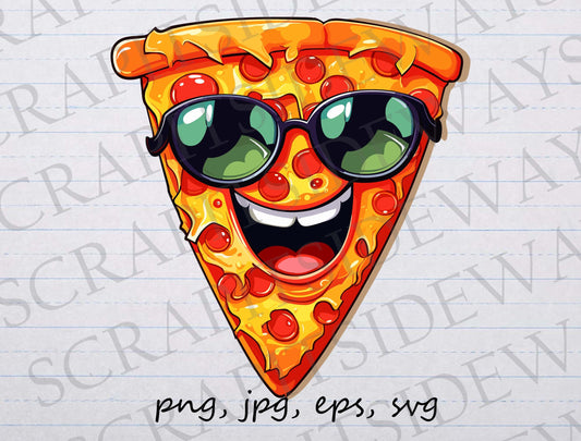 Pizza wearing sunglasses clip art clipart vector graphic svg png jpg eps, cool pizza, hip pizza, pizza in shades