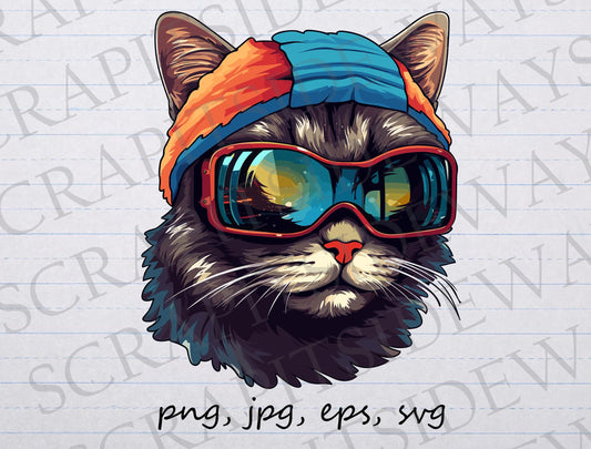 Cat in ski goggles clipart vector graphic svg png jpg eps kitty kitten skiing cat cat in glasses