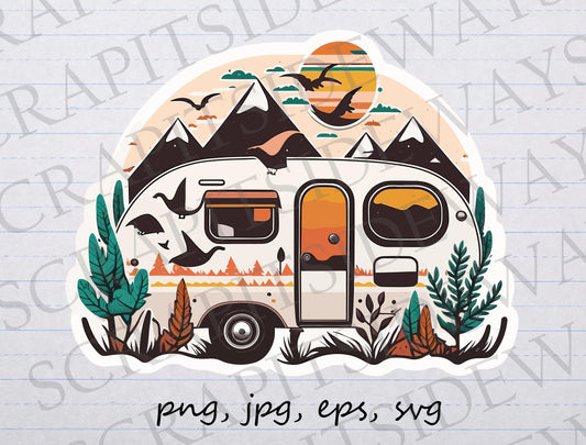 Camper with mountains clipart vector graphic svg png jpg eps trailer camping scene florals