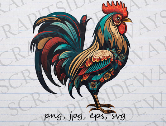 Folk art rooster clipart vector graphic svg png jpg eps pretty bird