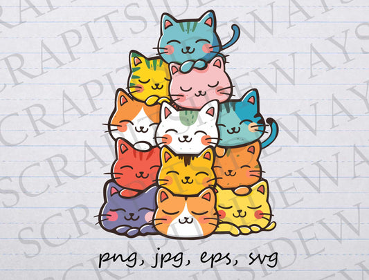 Cute Stack of cats clip art clipart vector graphic svg png jpg eps, cute cats, cat pile, cartoon cats, kawaii cats