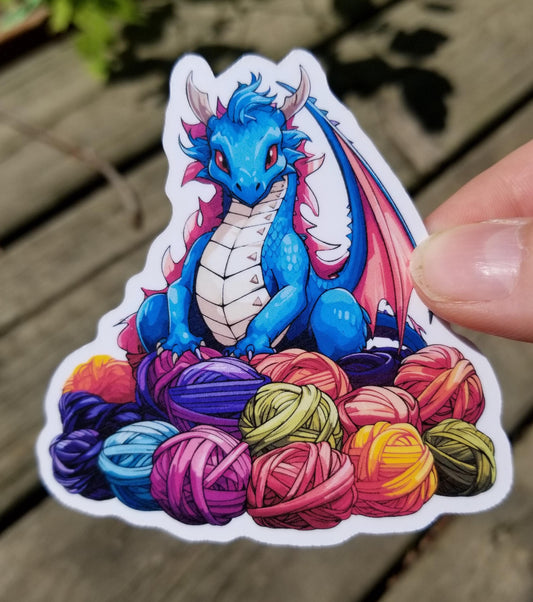 Yarn Dragon vinyl sticker 3 inches, water resistant decal, yarn stash, crochet, knitter, fiber artist, yarn hoard