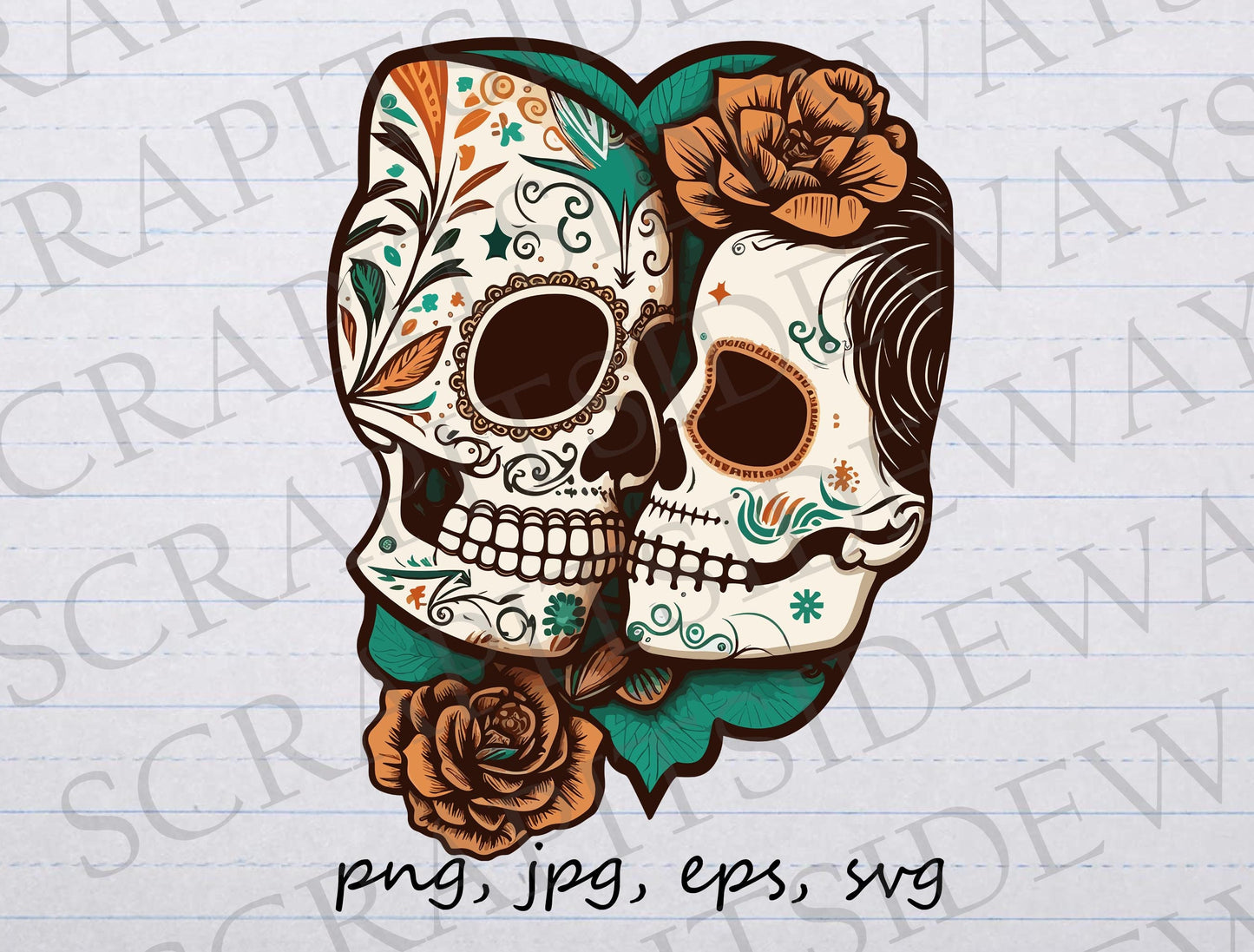 Sugar skulls kissing clipart vector graphic svg png jpg eps sticker design t-shirt design day of the dead dia de los muertos