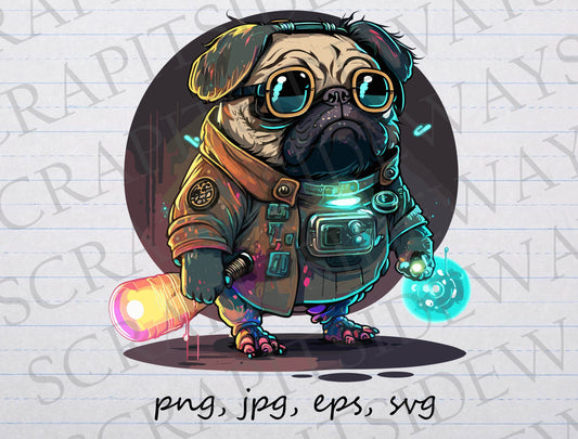 Mad scientist cyberpunk pug clipart vector graphic svg png jpg eps sci fi dog cyborg pug