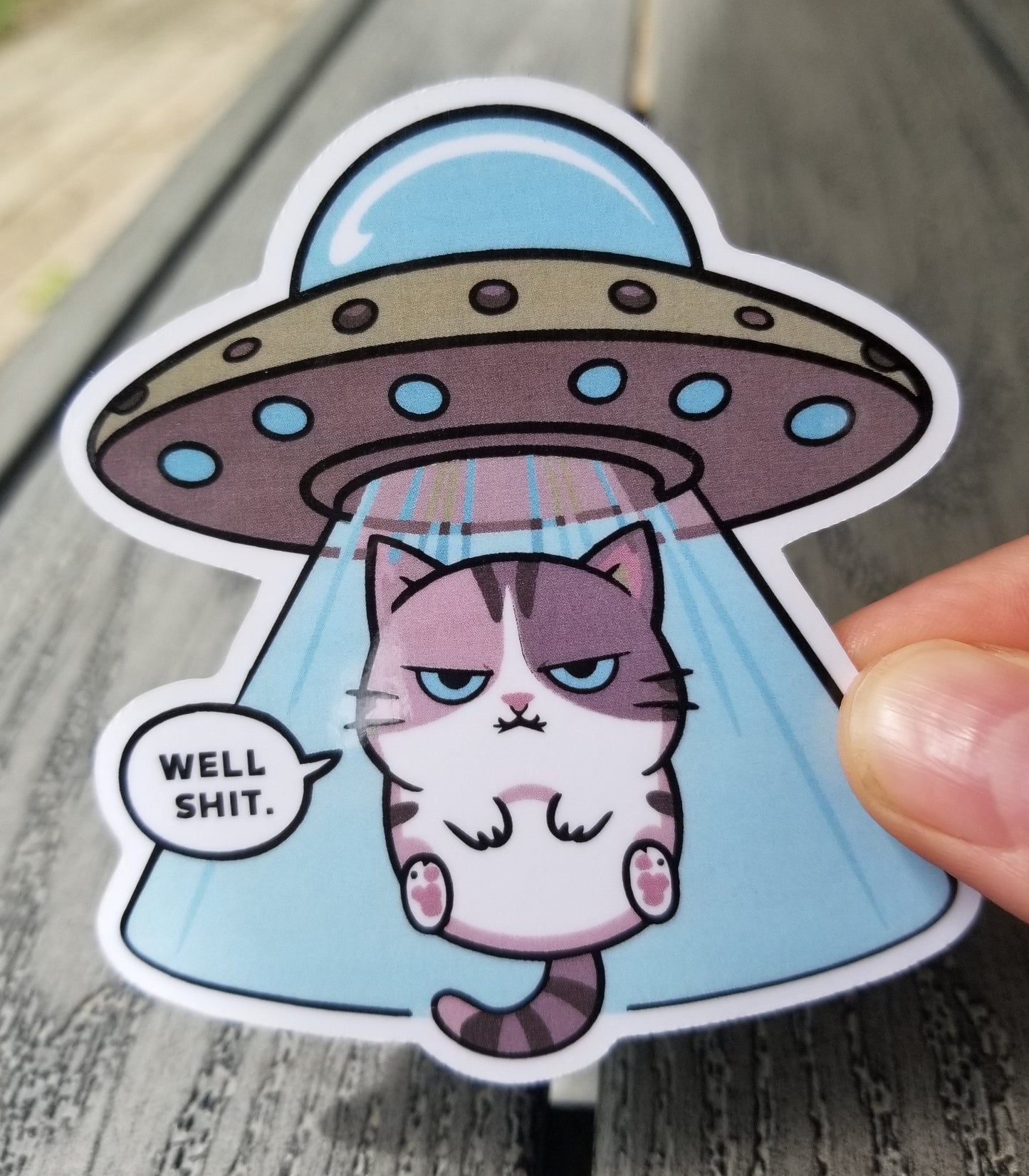 Cat being abducted by UFO vinyl sticker 3 inches, water resistant decal, grumpy cat, cat alien, alien abduction, cat abduction, cute cat