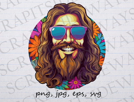 psychedelic Hippie with beard clip art clipart vector graphic svg png jpg eps, retro man, 1970s man, 70s man, cool hippie, colorful hippie